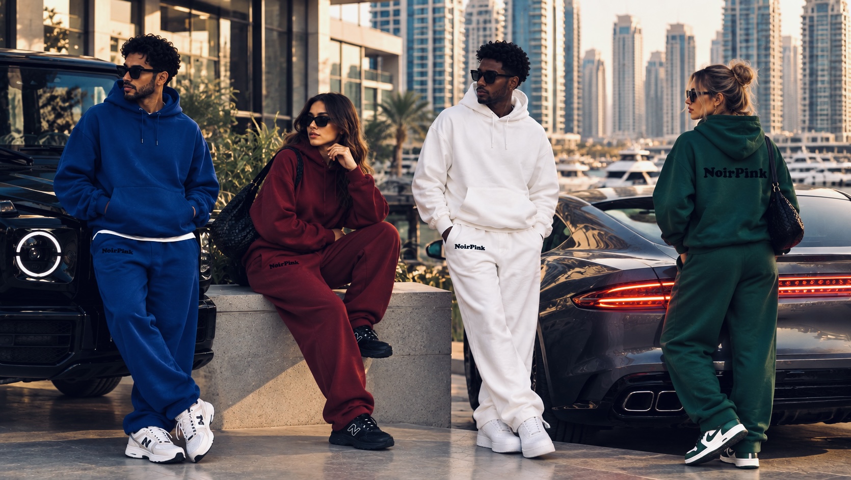 NoirPink oversized hoodies and sweatpants, Dubai Marina